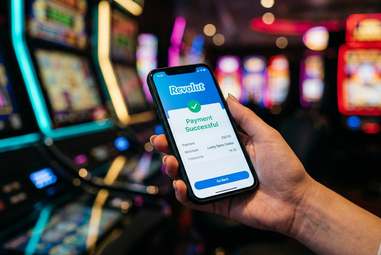 Osoba korzystająca z aplikacji Revolut do zatwierdzenia depozytu w kasynie online